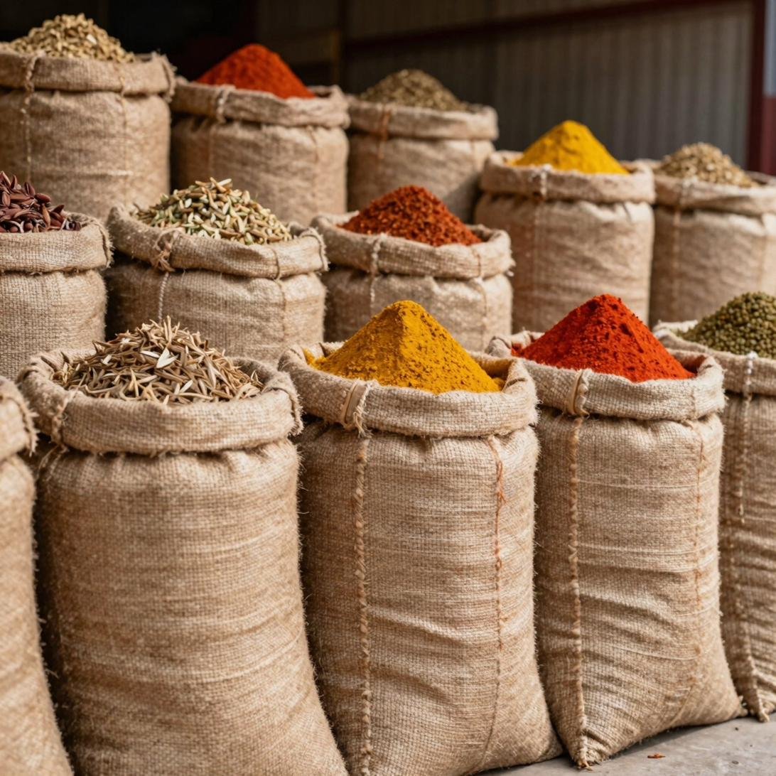 Burlap sacks filled with export-ready spice powders and seeds