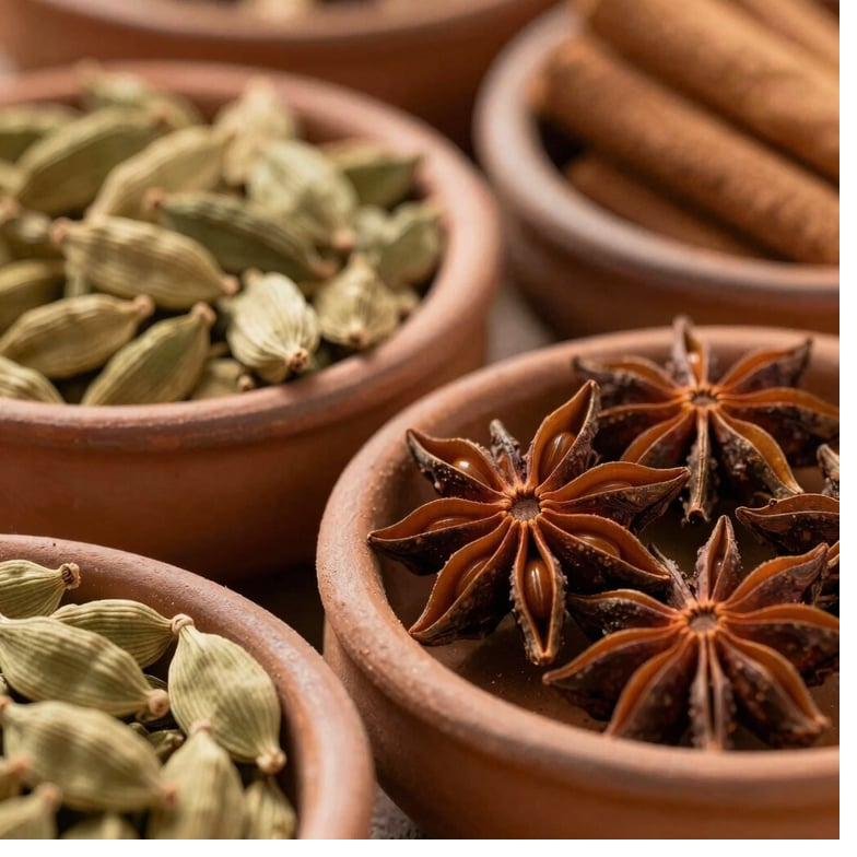 Bowls of green cardamom, star anise and cinnamon