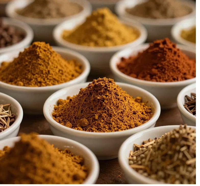 Assorted ground spice powders in bowls