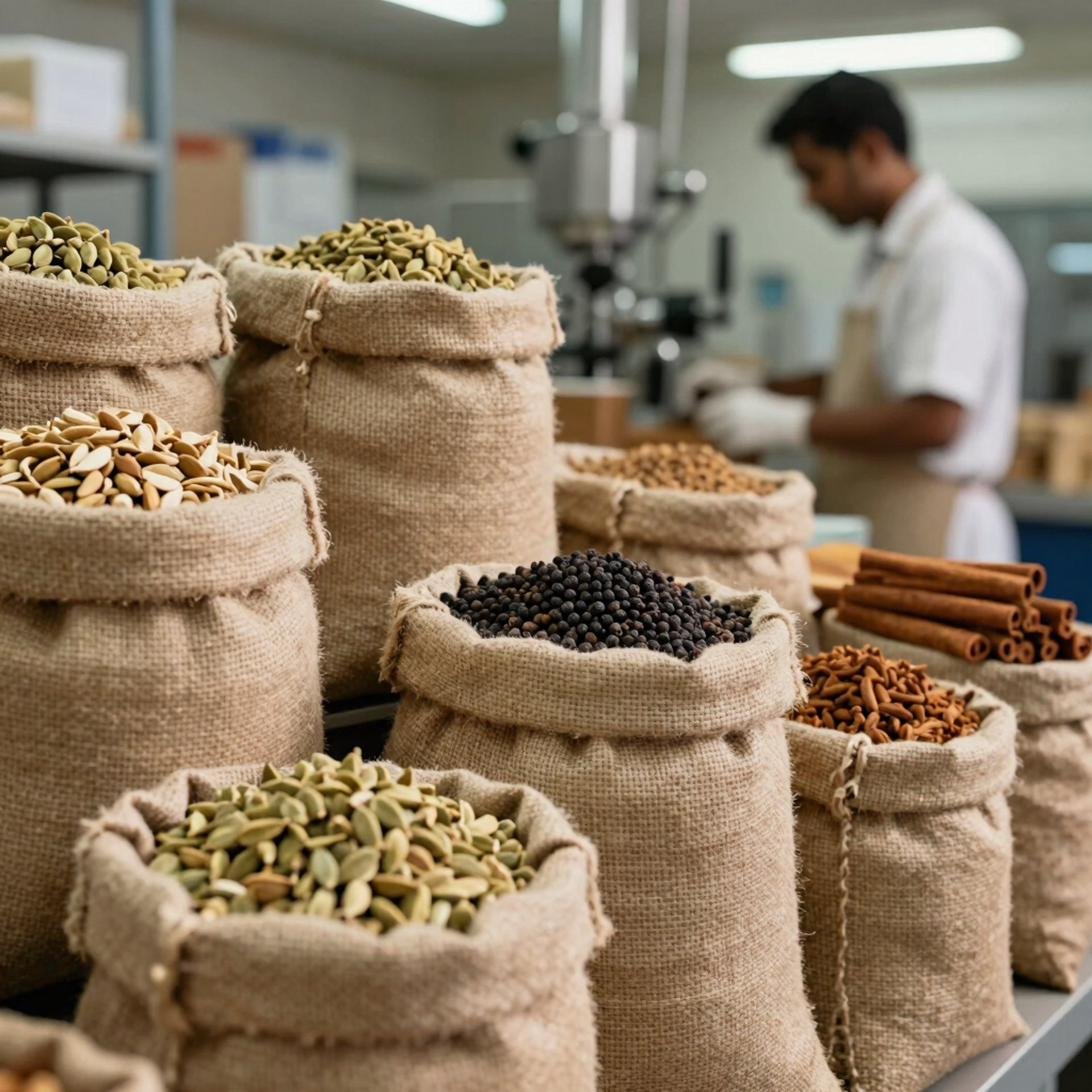 Spice processing facility with sacks of raw spices