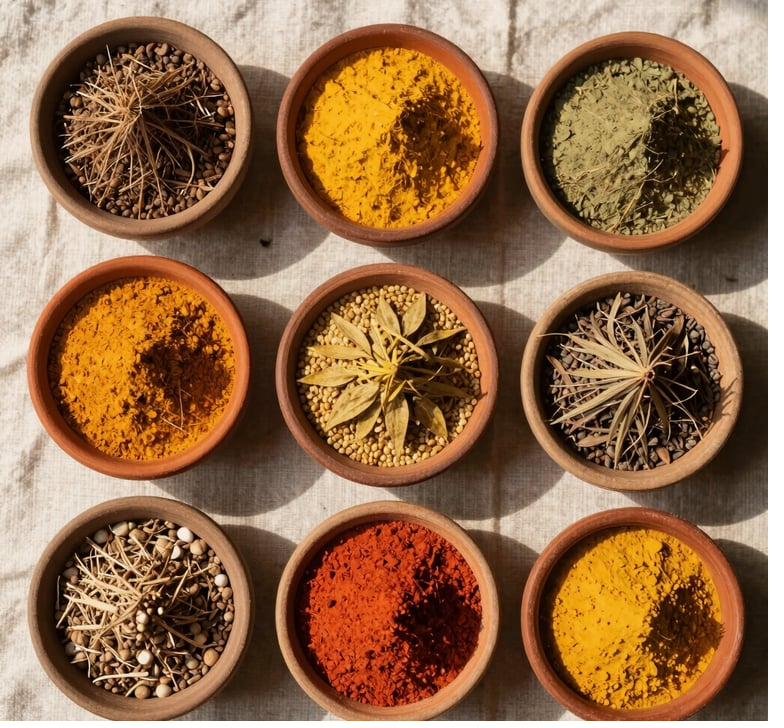 Grid of nine bowls holding assorted whole and ground spices