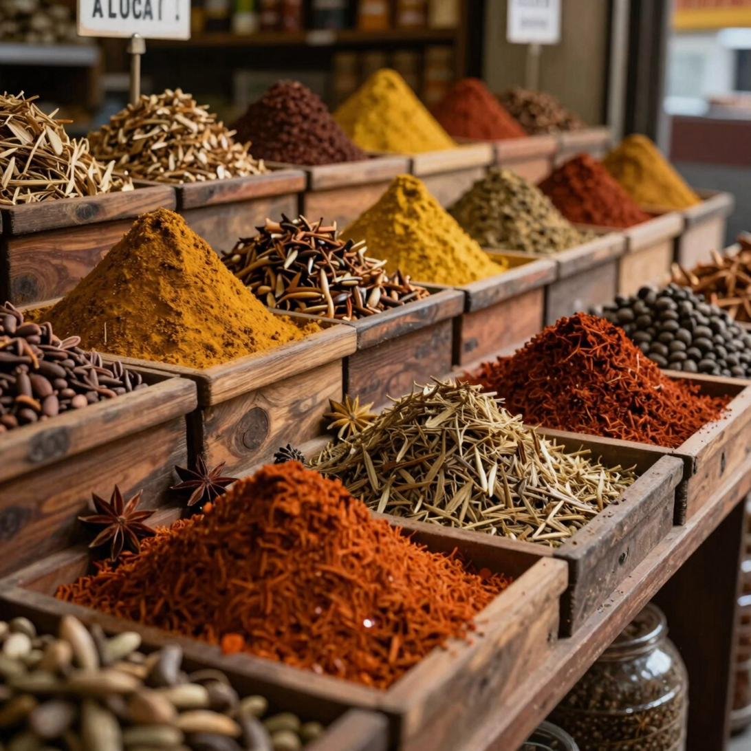 Traditional Indian spice market stall with mounds of colourful spices