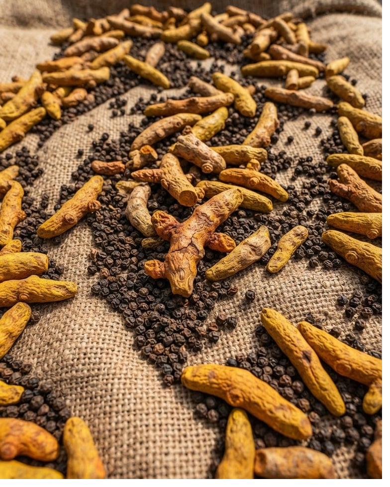 Turmeric fingers and black pepper on burlap sacking