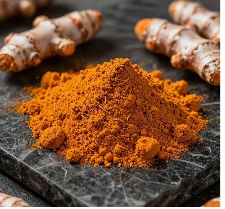 Fresh turmeric root beside a mound of ground turmeric powder
